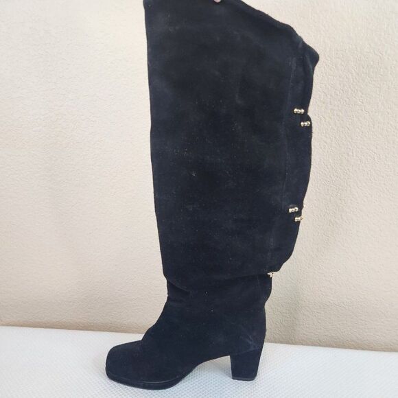 Vintage 90s Over Knee High Suede Black Boots Size 7 Block Heel Tall Pull On - Picture 1 of 7